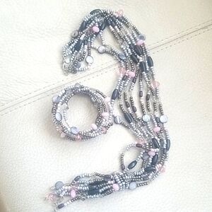 BOHO Multi-Strand Beaded Necklace and Bracelet Set - Pink & Grey Tones